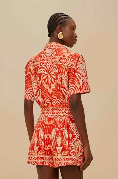 Flattering Silhouette Wear Warm Pink Tropical Tapestry Romper Red