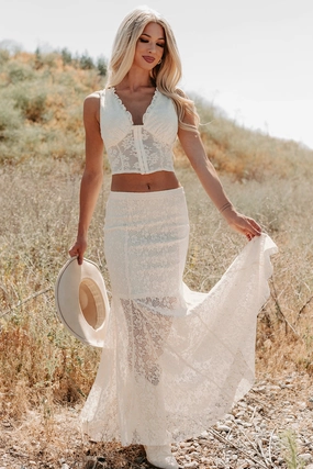 Hard Launch Love Floral Lace Maxi Skirt (Cream) Hidden Zipper Velvet Finish