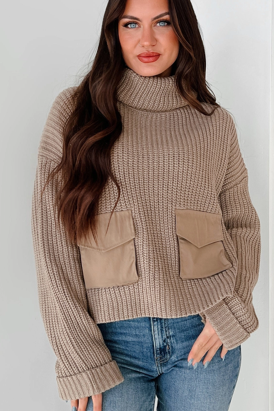 Tell Me Everything Cowl Neck Cargo Sweater (Taupe) Stretch Blouse