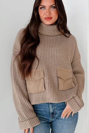 Tell Me Everything Cowl Neck Cargo Sweater (Taupe) Mesh Panel Details Summer Wardrobe