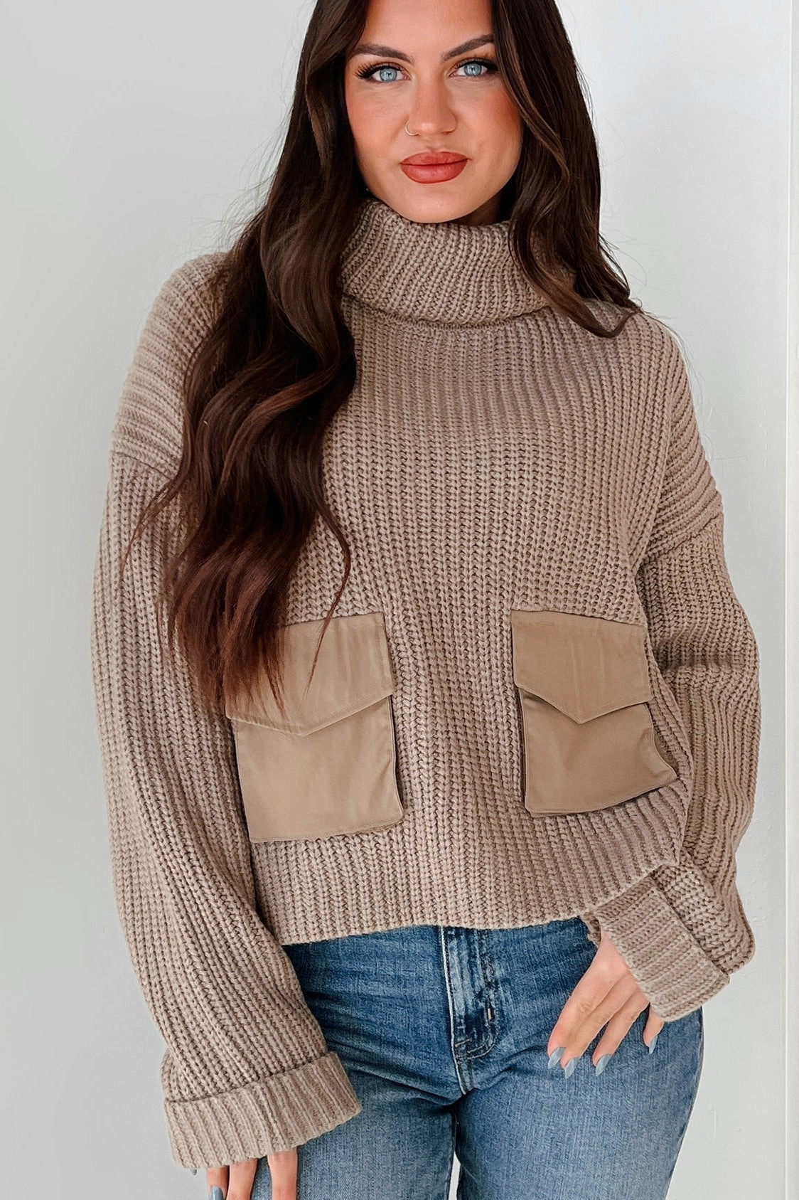 Tell Me Everything Cowl Neck Cargo Sweater (Taupe) Mesh Panel Details Summer Wardrobe