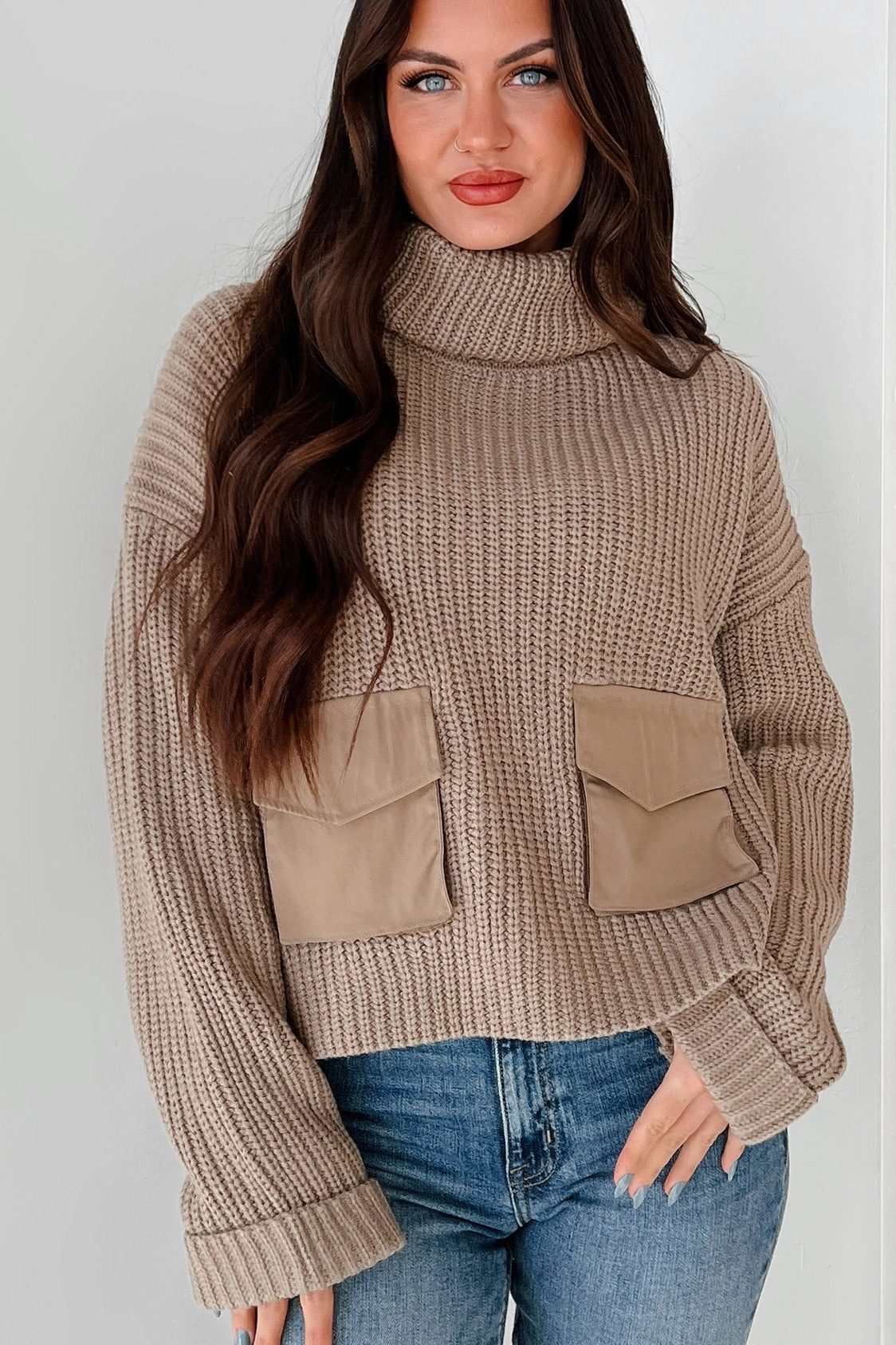 Tell Me Everything Cowl Neck Cargo Sweater (Taupe) Low Profile Zipper