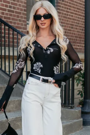 Momentary Escape Floral Mesh Henley Top (Black) NonChafingTrim