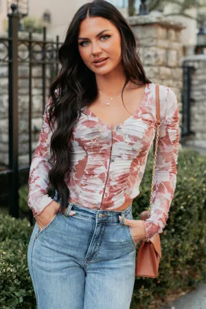 Hidden Zipper Closure Lasting Touch Long Sleeve Floral Top (Maroon)