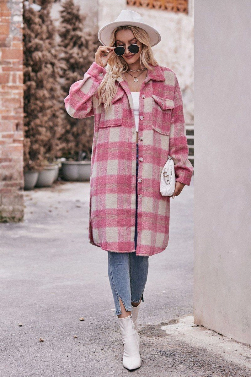 WOMEN OVERSIZED KNEE LENGTH PLAID COAT Wrinkle Free Texture