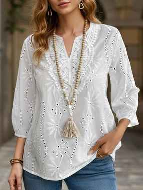 Hidden Storage Pocket Friction Resistant Finish Loose-fit V-neck embroidered lace top