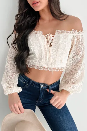 Ribbed Trims Own Your Story Off The Shoulder Lace Crop Top (Cream)