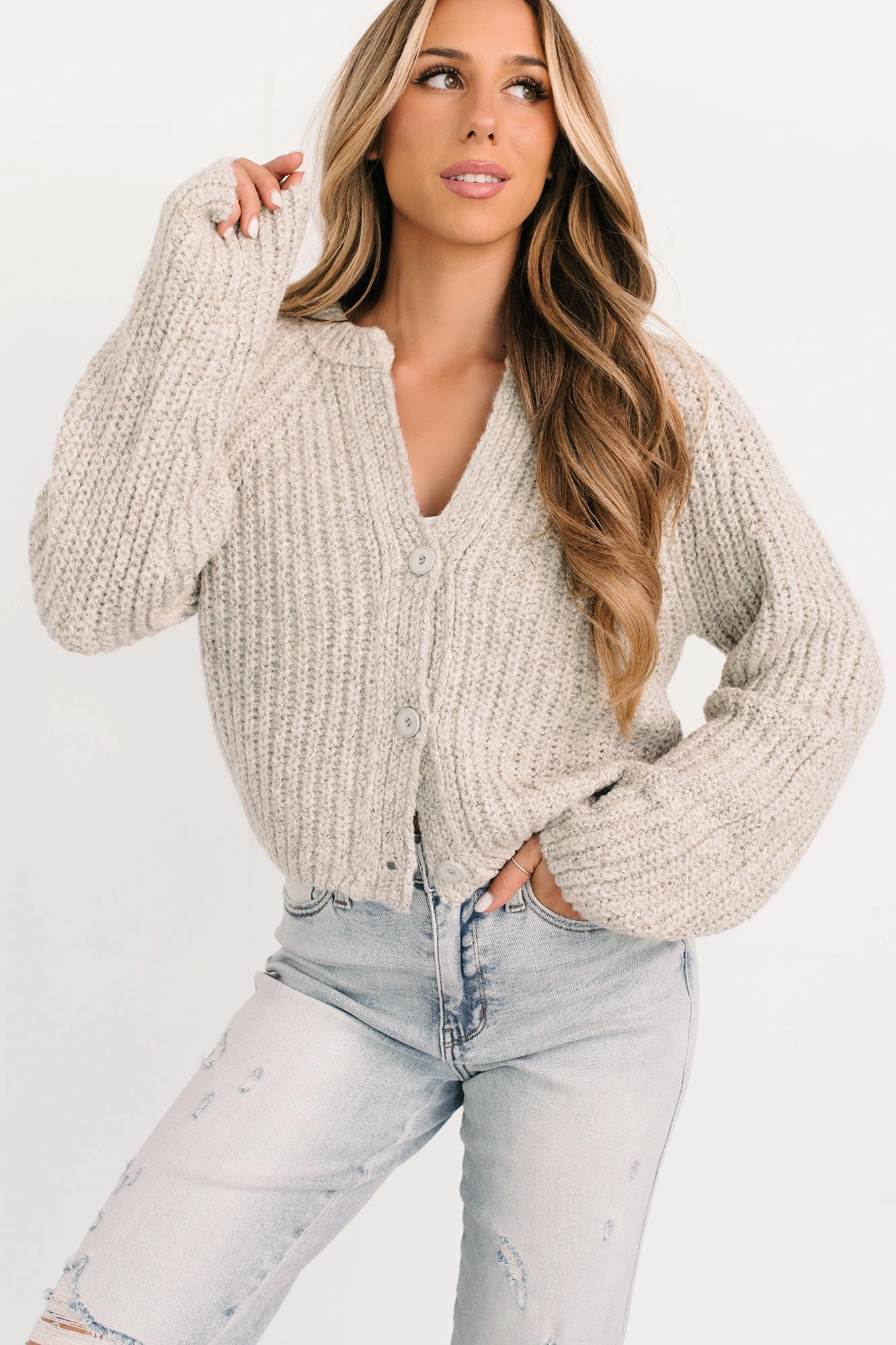 Pages In Time V Neck Cardigan Sweater (Heather Cloud) Double Needle Hemming OrganicCotton