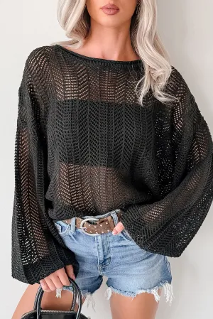 Feel Good Flow Open Knit Zenana Sweater (Black) Curved Hem