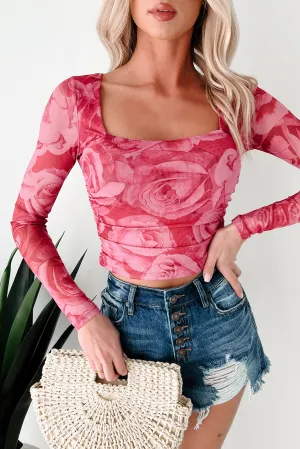 Layered Ply Construction ClassicCrewNeck Unbreakable Charm Side Ruched Mesh Top (Fuchsia Combo)