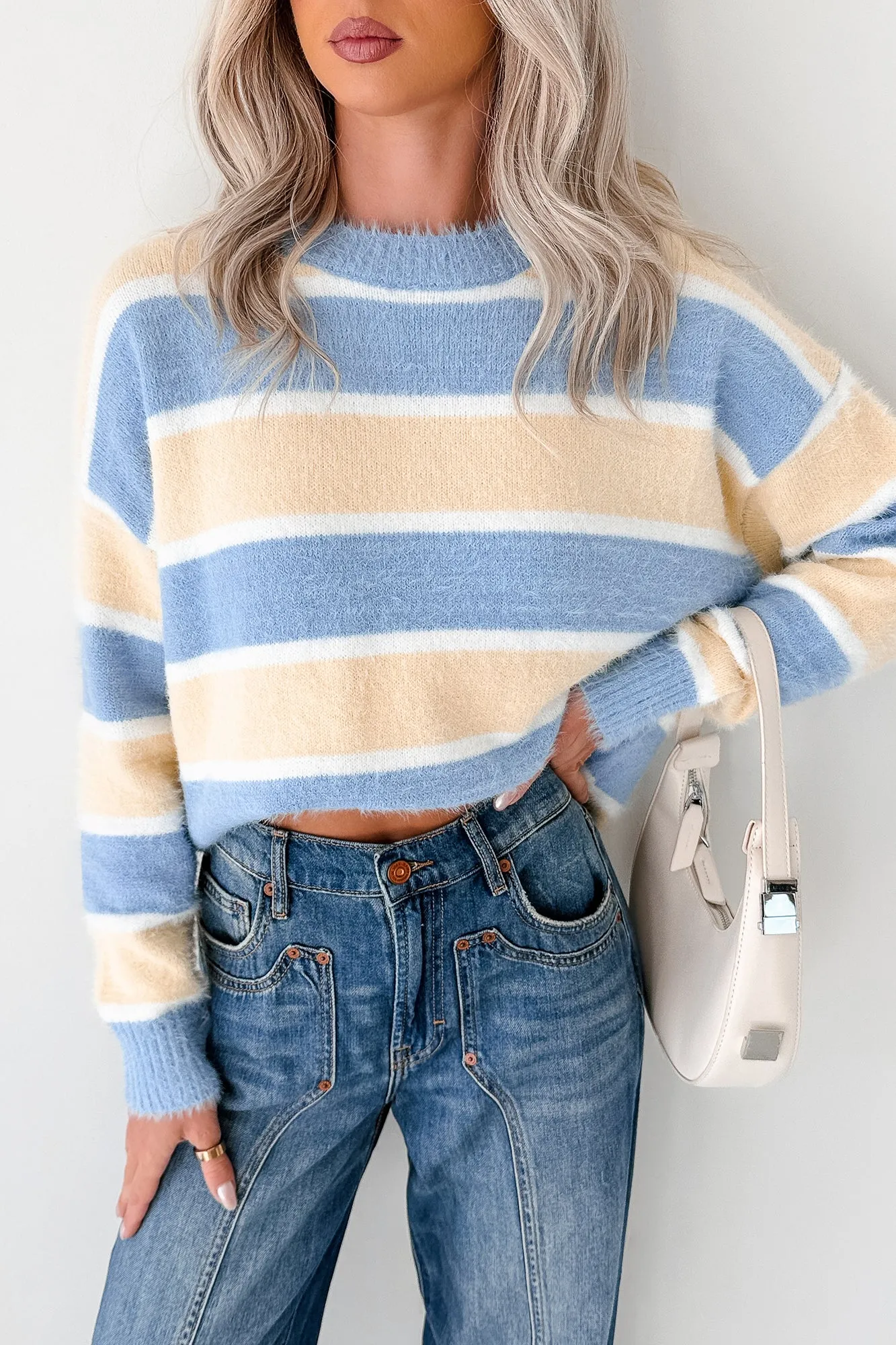 MeshVentilation Breathable mesh panel Soft Sentiments Papermoon Striped Fuzzy Sweater (Light Yellow/Light Blue)
