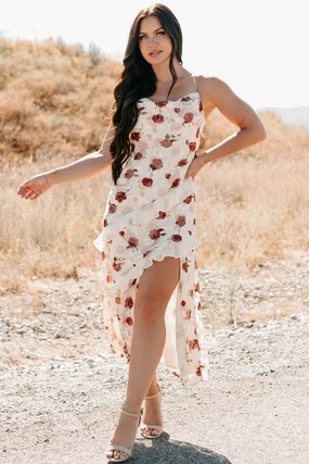 Inner Goddess Sleeveless Floral Midi Dress (Cream) Smart Lines