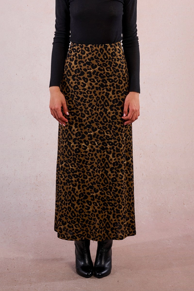 Waist Defining Leopard Knit Maxi Skirt in Khaki