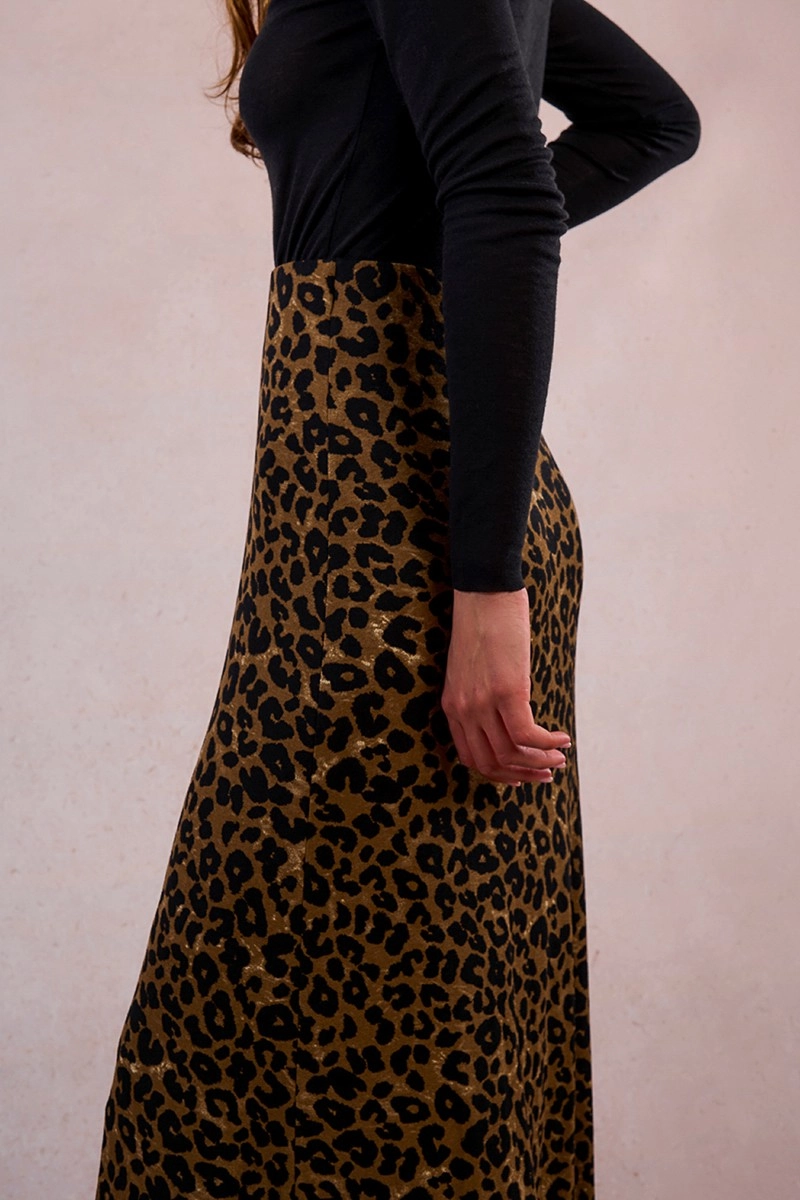 Leopard Knit Maxi Skirt in Khaki Casual Style High Waist