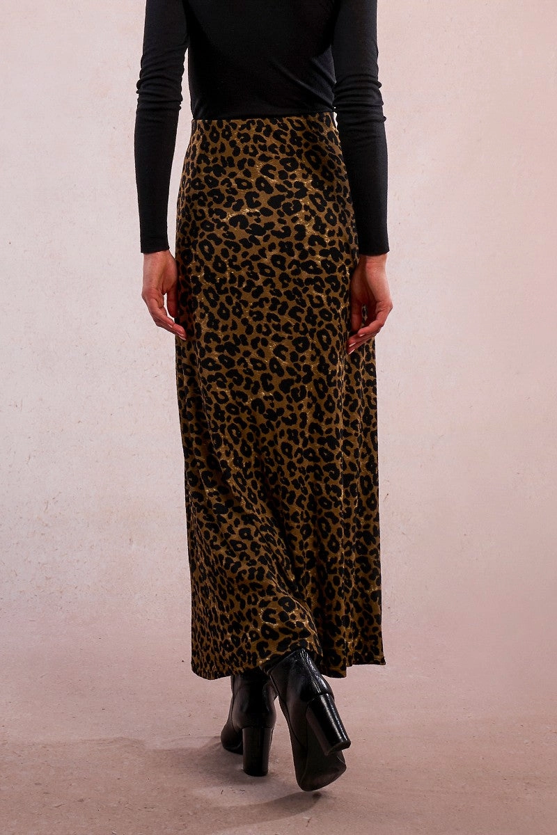 Leopard Knit Maxi Skirt in Khaki Matte Finish