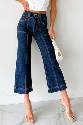 Tatum Wide Leg Mica Denim Crop Jeans (French Navy) ExtendedSizeRange Wrinkle Free Fabric
