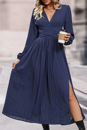 Sheer Overlay Satin-Finish WOMEN LOOSE FIT V NECK LONG SLEEVE SLIT DRESS