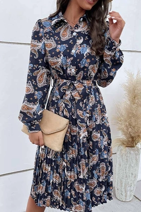LONG SLEEVED PRINTED LAPEL PLEATED DRESS Delicate Details