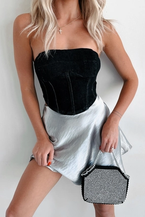 Burned Bridges Strapless Denim Crop Top (Black) Vintage Pullover Yarn Dye Stripe