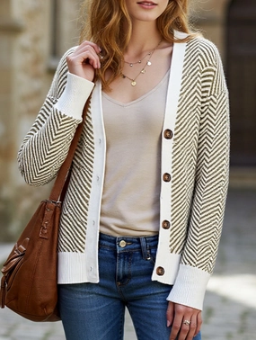 Recycled Polyester Striped V-neck loose knit cardigan