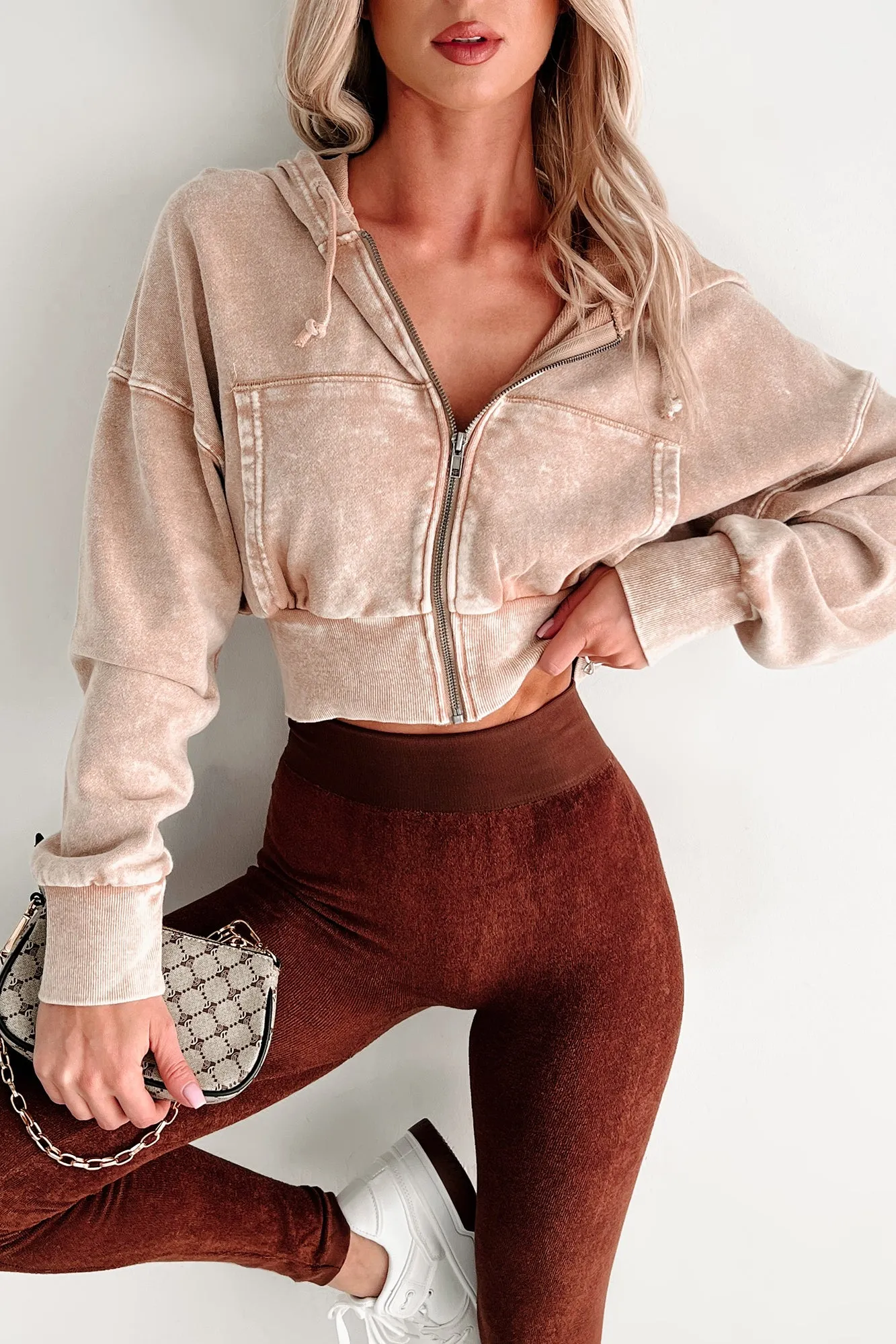 Bite The Dust Cropped Zip-Up Hoodie (Dark Taupe) Minimalist Collar