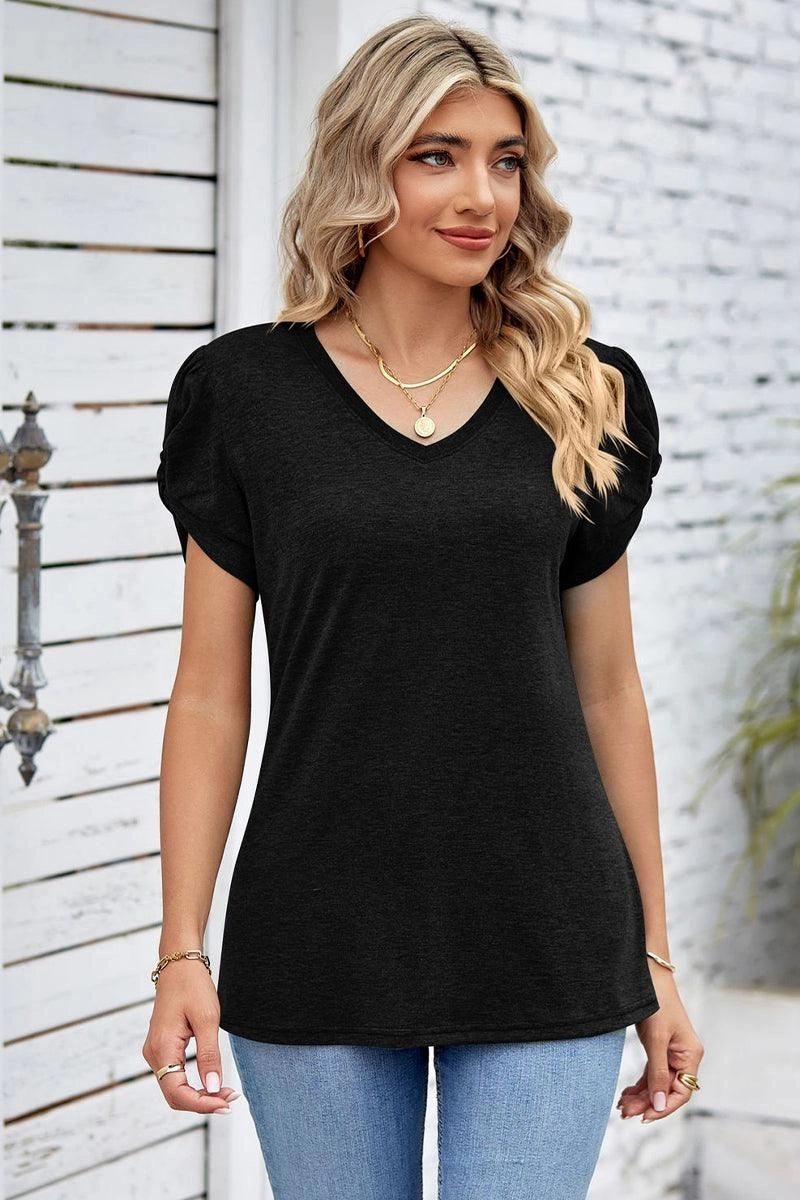 Wrinkle Resistant Treatment DRAPED PUFF SLEEVE WOMEN DAILY T SHIRTS