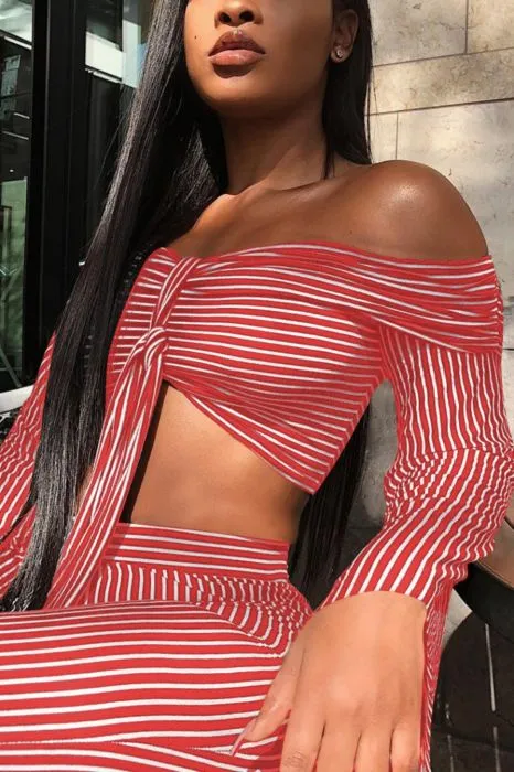 Solid Color Striped Long Sleeve Trousers Set