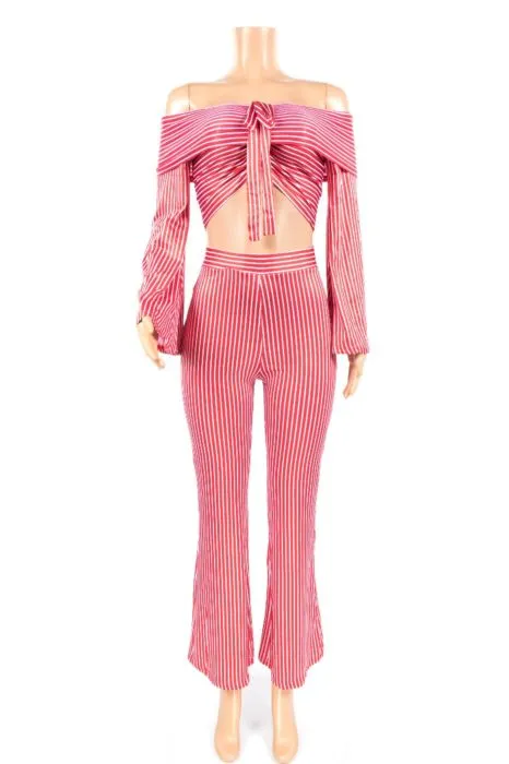 Solid Color Striped Long Sleeve Trousers Set