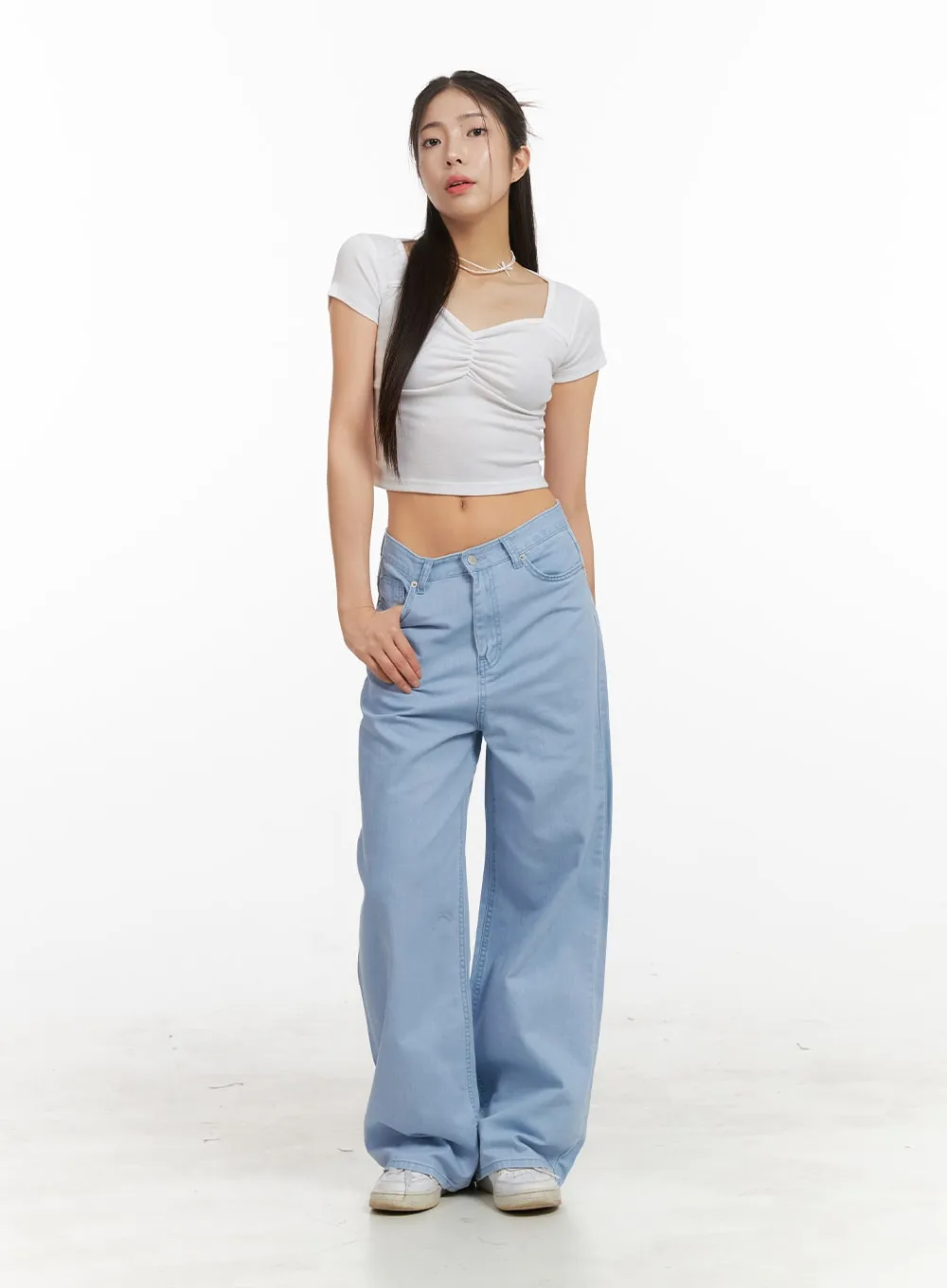 Solid Cotton Loose Fit Straight Jeans OA429