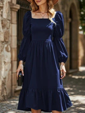 French Vibe Solid color A-line casual long-sleeved dress