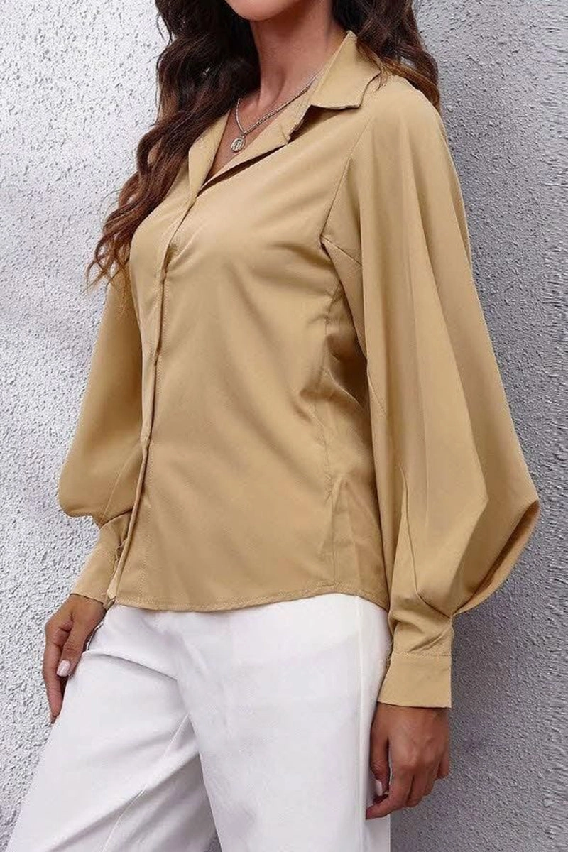 Solid Color Big Lantern Sleeve Shirt TaglessNecklineComfort Easy Wear