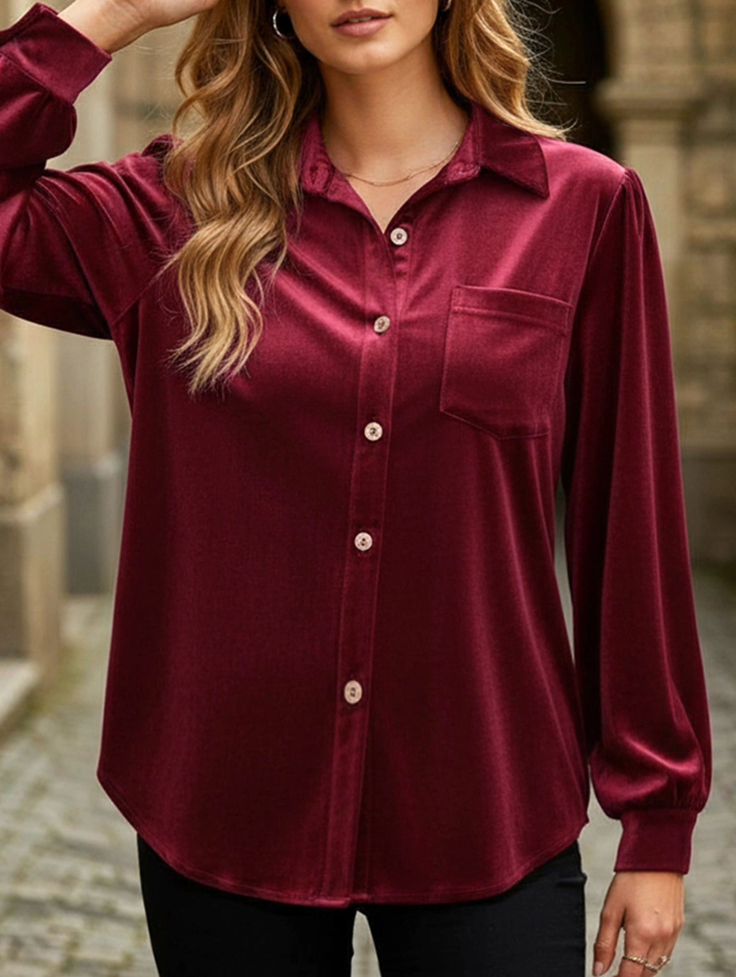 AntiStaticInnerLining StaticResistant Material Solid color lapel lantern sleeve shirt
