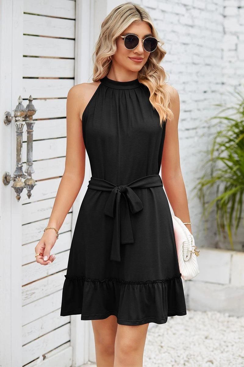 SOLID COLOR RUFFLED HALTER DRESS Stylish Waistband