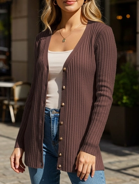 Hybrid Fabric Blend Midweight Texture Solid color women's ribbed long-sleeved cardigan