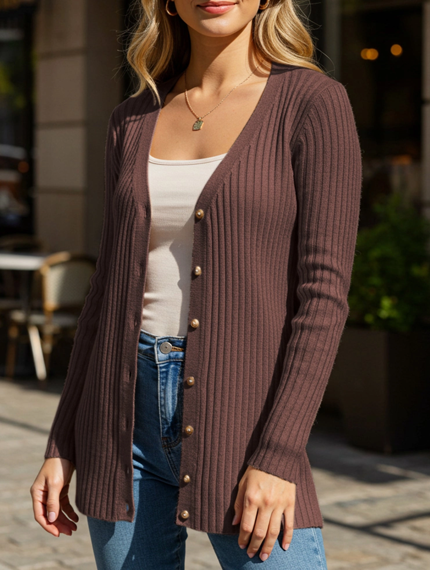 Water Repellent Coating Solid color women's ribbed long-sleeved cardigan