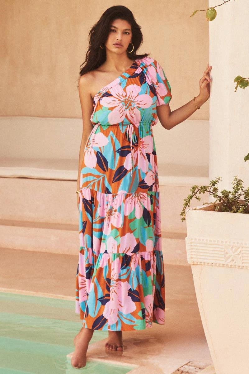 Smooth Vibes DIAGONAL SHOULDER HOLIDAY FLORAL DRESS_CWDMD1828