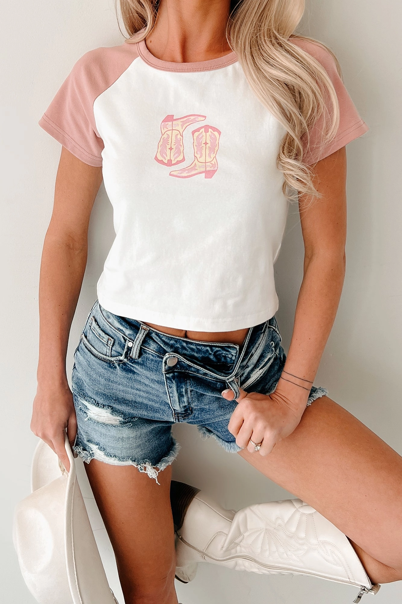 Southern Heart Cowboy Boot Graphic Tee (White/Blush) Eco Conscious Dye Process Printed T-shirt