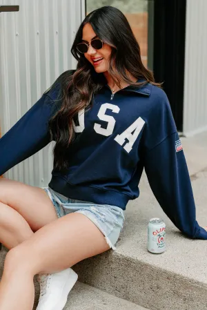 Spacious Skies "USA" Half Zip Sweatshirt (Navy) Relaxed Sweatshirt Lightweight Weave Material