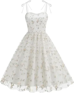 Spaghetti Strap Floral Embroidered Dress for Women Wedding Guest Tea Party Dress for Woman Tulle Prom Formal Cocktail Dress