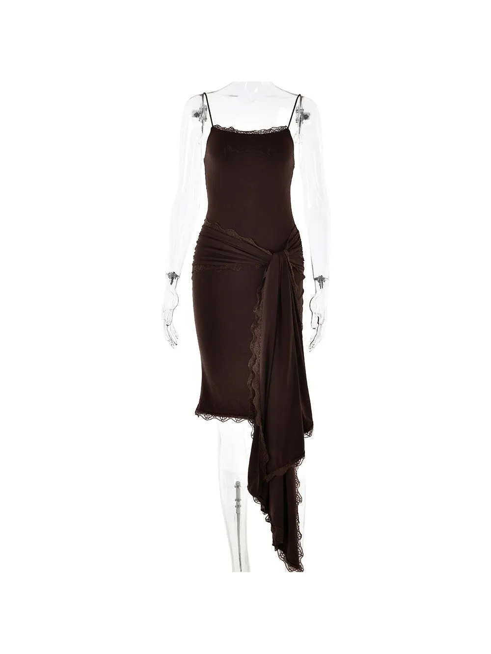 Spaghetti Strap Lace Detailed Ribbon Bodycon Short Dress