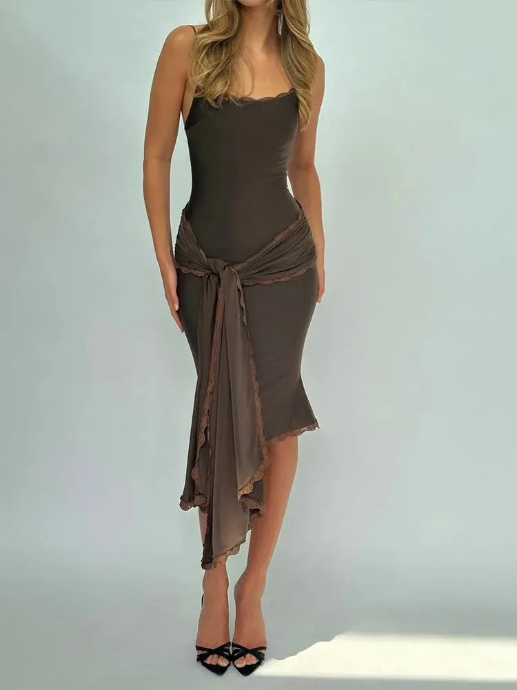 Spaghetti Strap Lace Detailed Ribbon Bodycon Short Dress