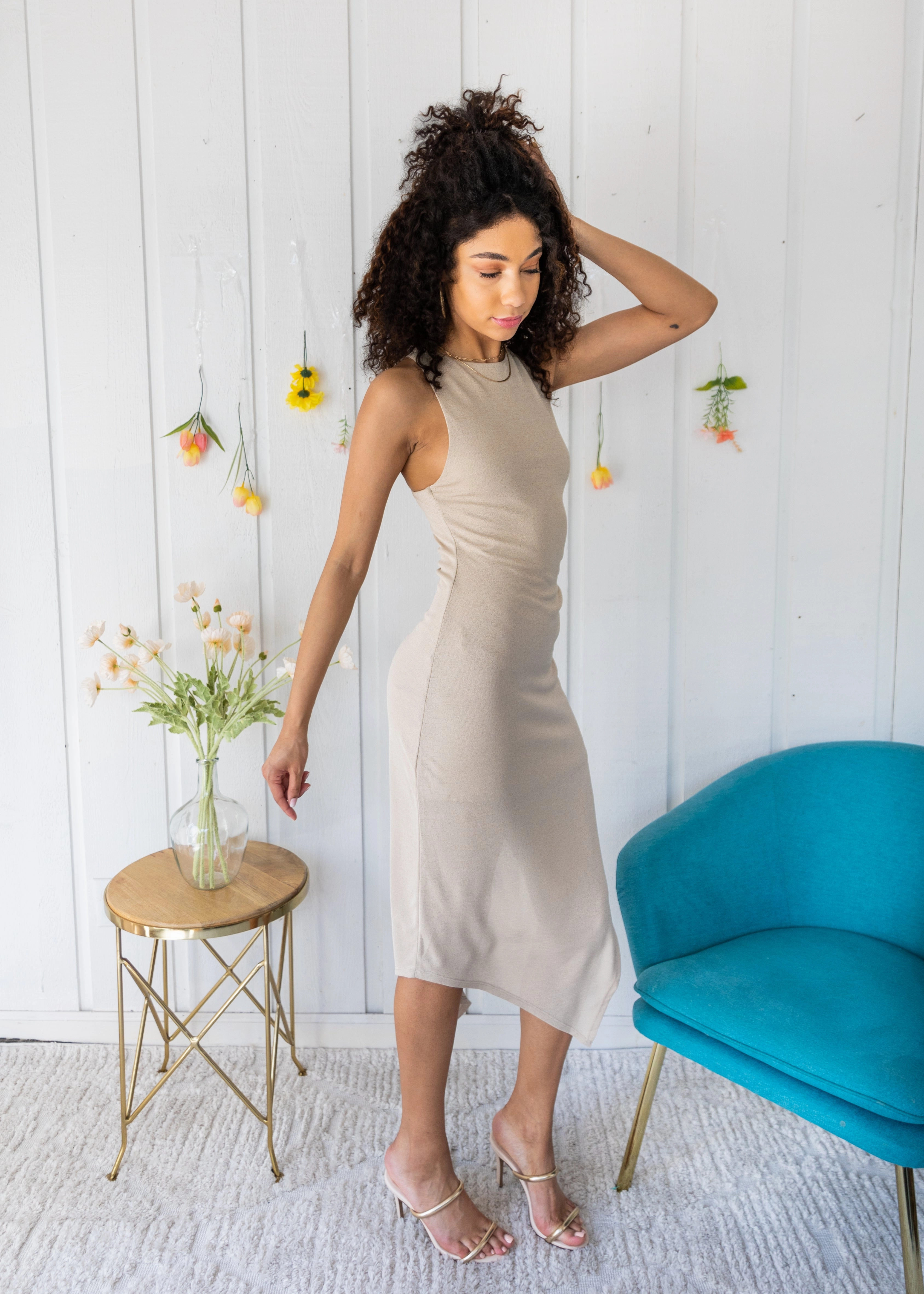 Back-Pocket Modern and Feminine VIXEN HIGH NECK ANGLE HEM DRESS