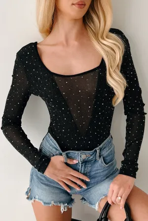 Sparkle Over Stress Rhinestone Mesh Bodysuit (Black) Bound Seam Edges