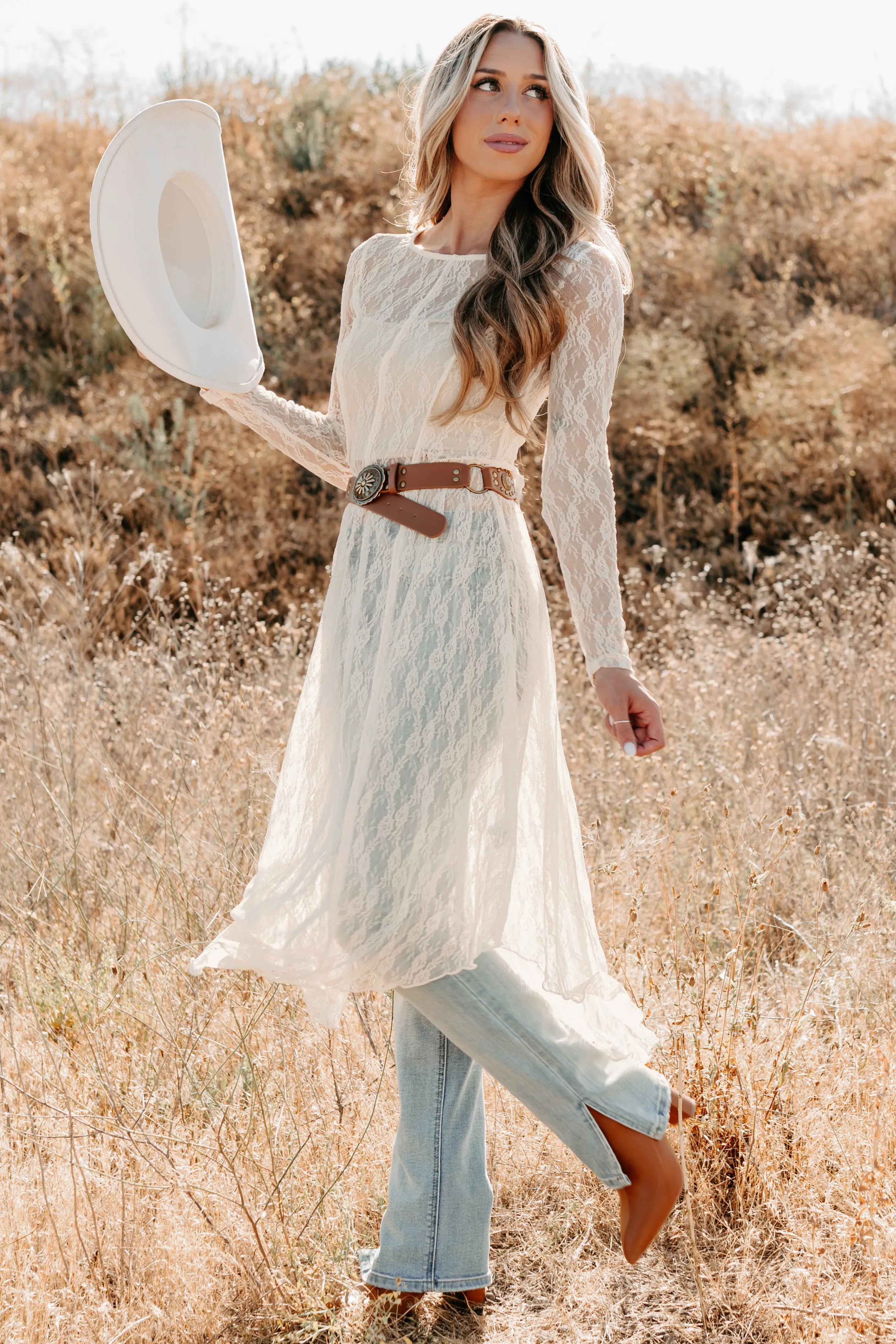 High Neck Design AllPurpose Design Spirit Dances Sheer Lace Midi Layering Dress (Ecru)