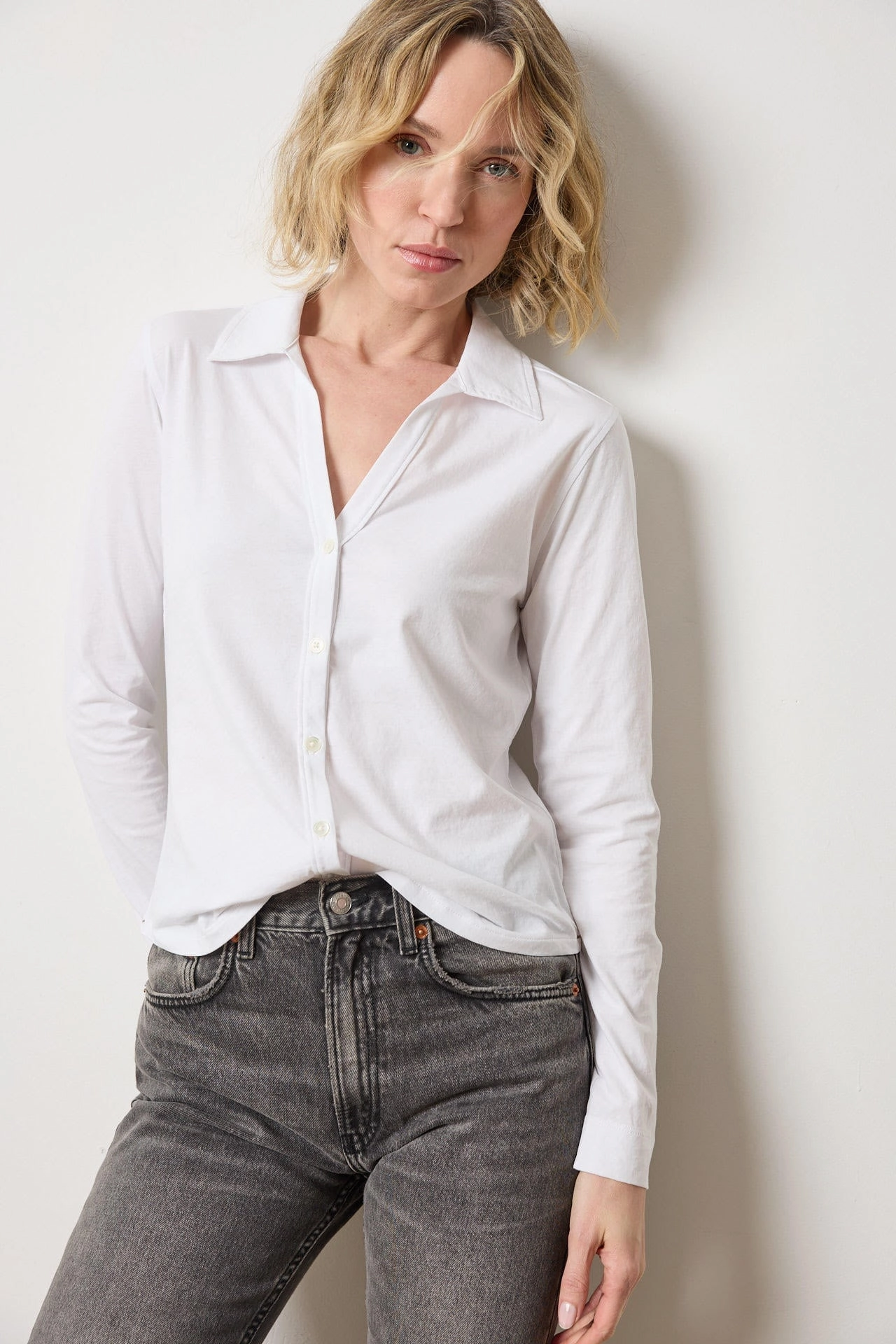 Split Collar Button Down White Layered Panel Design Multi Directional Mobility
