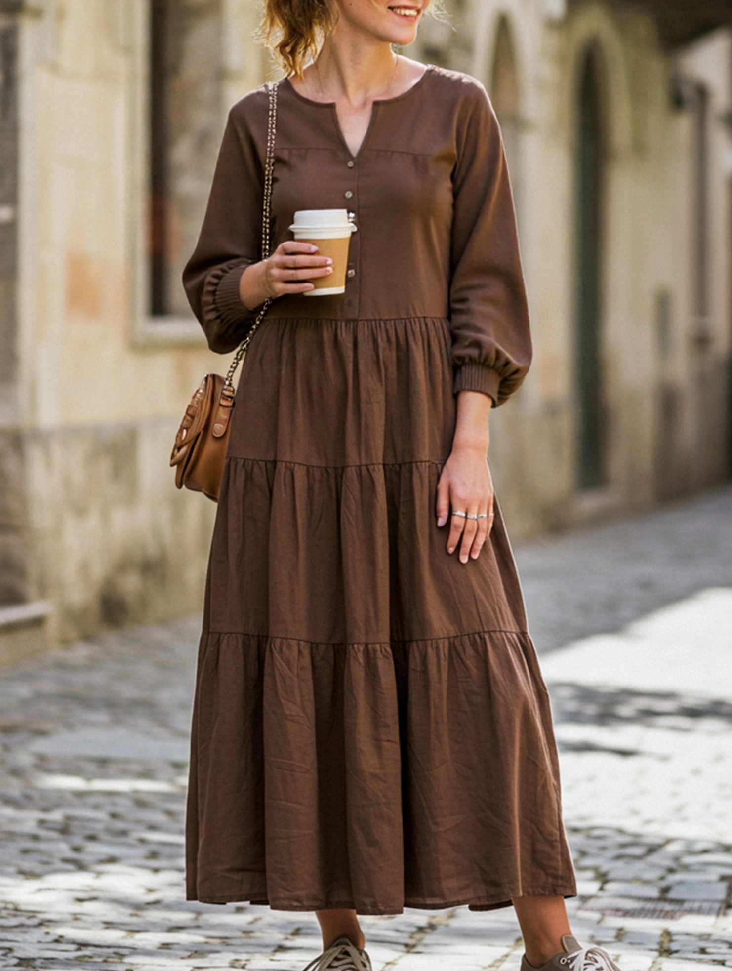 Breeze Flow Silky Touch V-neck ruffled loose dress