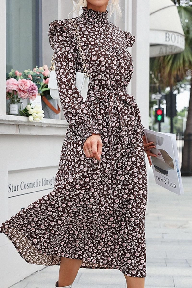 HIGH NECK FLORAL PATTERNED LONG DRESS Collar Accent Bold Cut