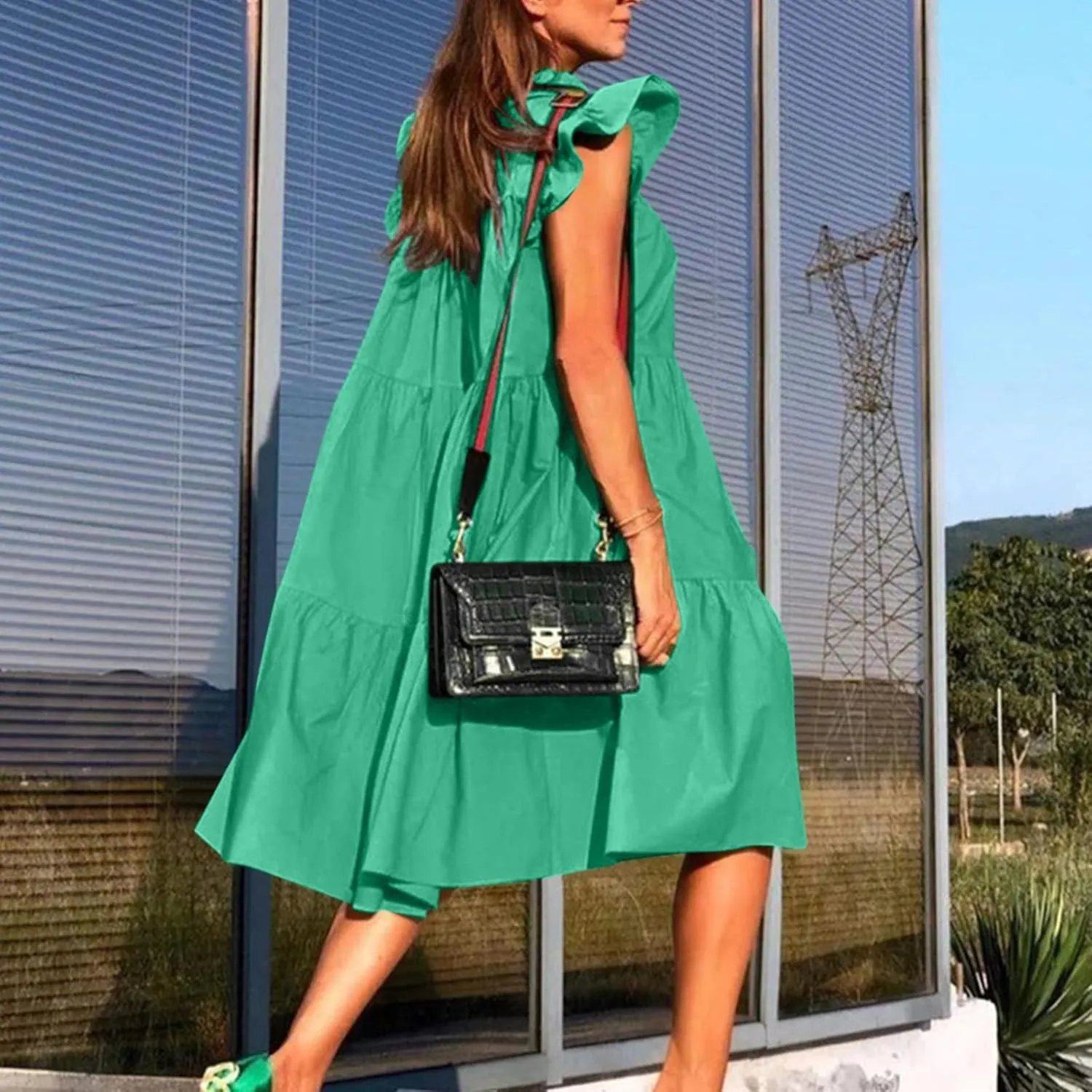 Spring Dresses for Women 2025 Bohemian Solid Tiered Cap Ruffle Sleeve Crew Neck Boho Midi Dress Church Retro Rave Outfits