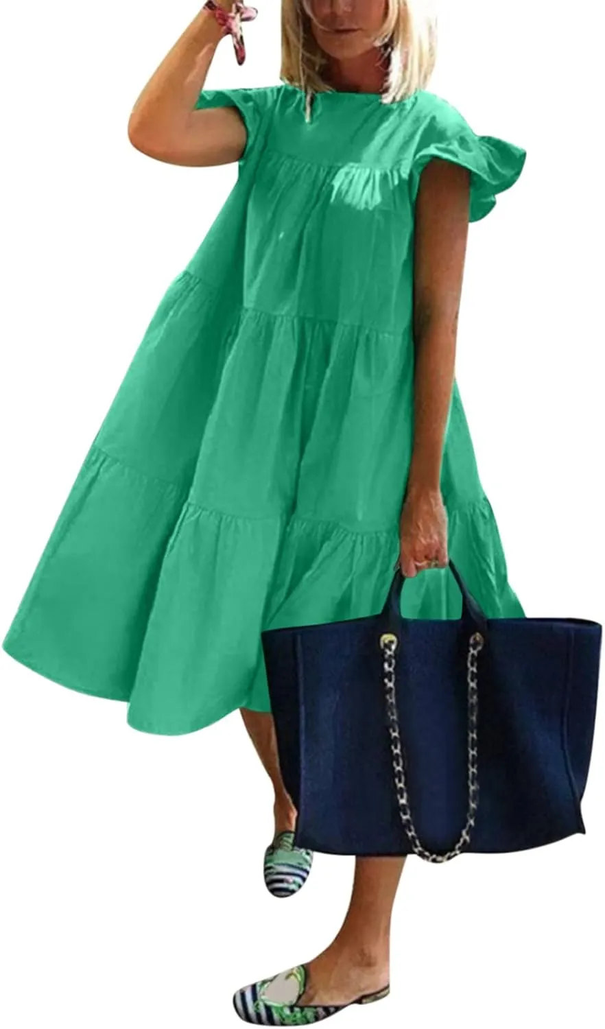 Spring Dresses for Women 2025 Bohemian Solid Tiered Cap Ruffle Sleeve Crew Neck Boho Midi Dress Church Retro Rave Outfits