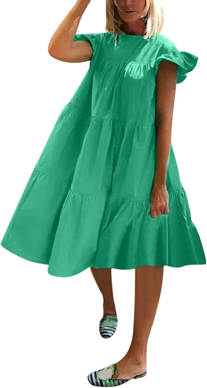 Spring Dresses for Women 2025 Bohemian Solid Tiered Cap Ruffle Sleeve Crew Neck Boho Midi Dress Church Retro Rave Outfits
